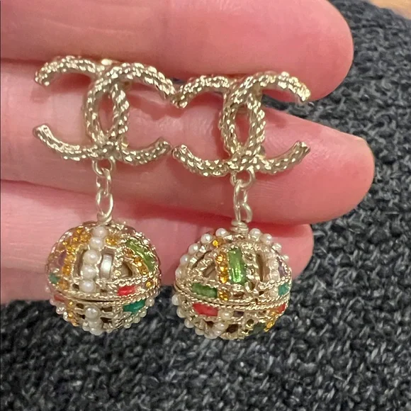 CHANEL Gold-Tone Double C Drop Earrings with Multicolor Enamel and Pearl Accents - Picture 7 of 15